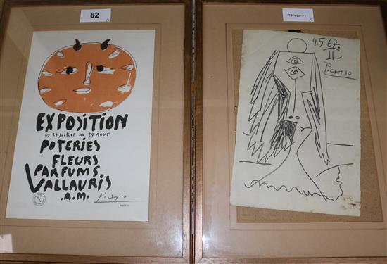 A Vallauris Picasso Exhibition poster print and a drawing after Picasso